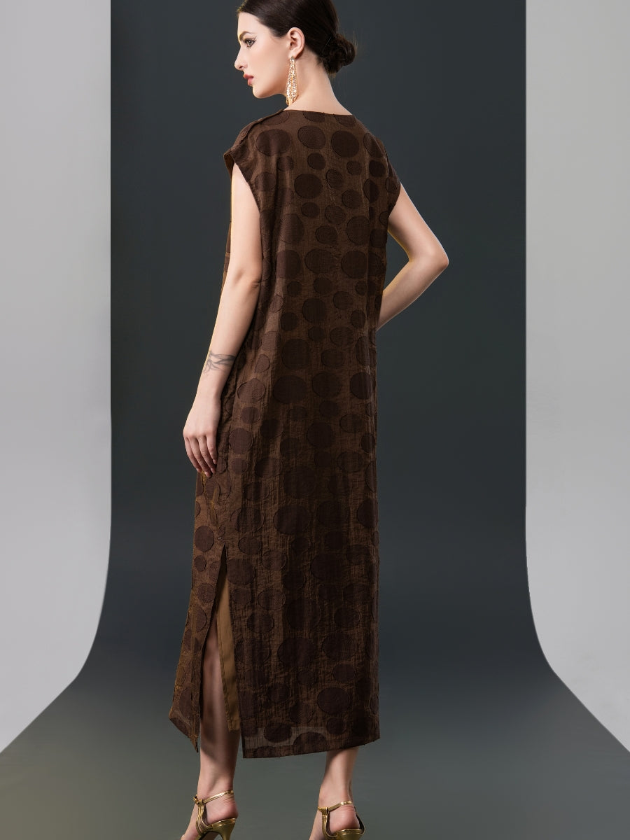 Chic Brown Sleeveless Maxi Dress with Polka Dot Texture