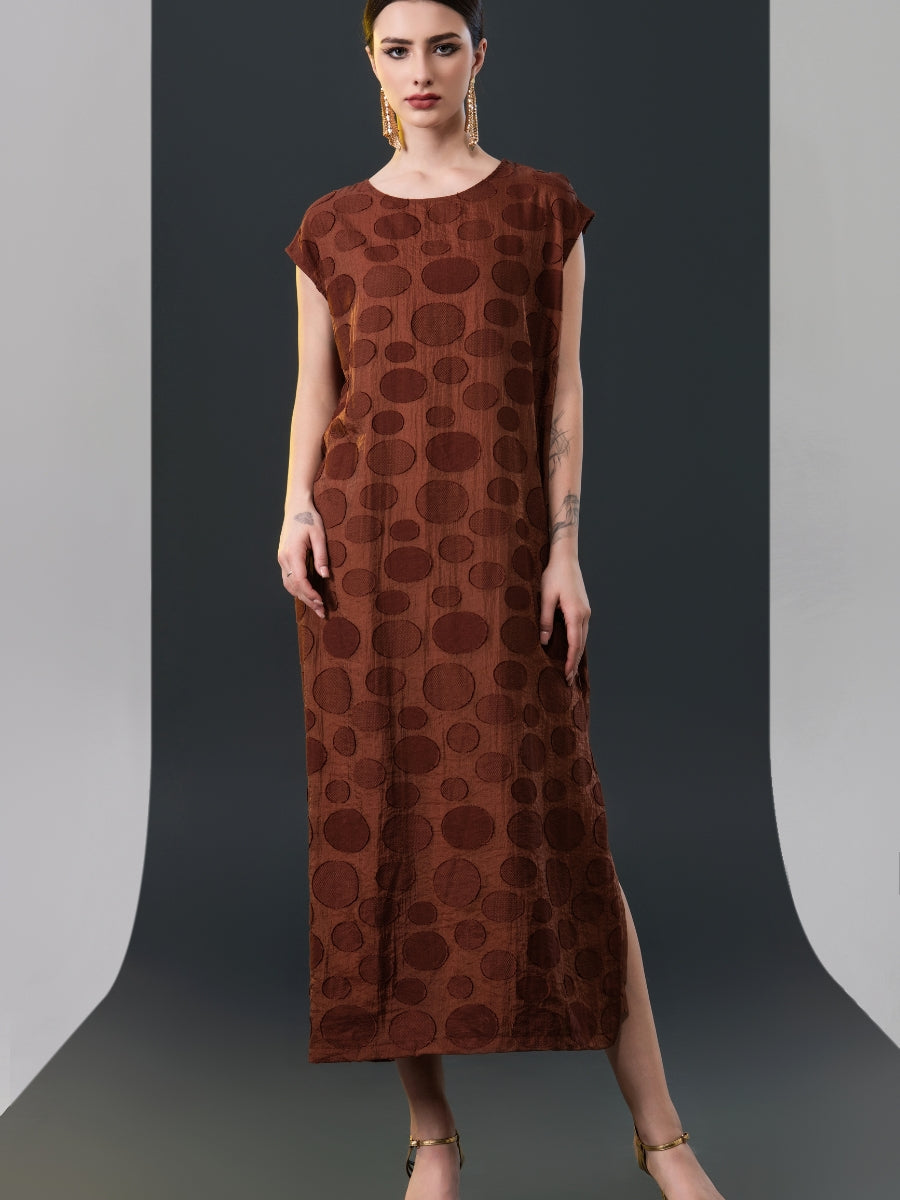 Chic Brown Sleeveless Maxi Dress with Polka Dot Texture