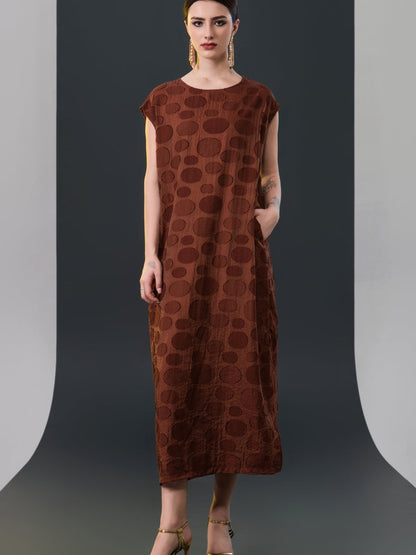 Chic Brown Sleeveless Maxi Dress with Polka Dot Texture