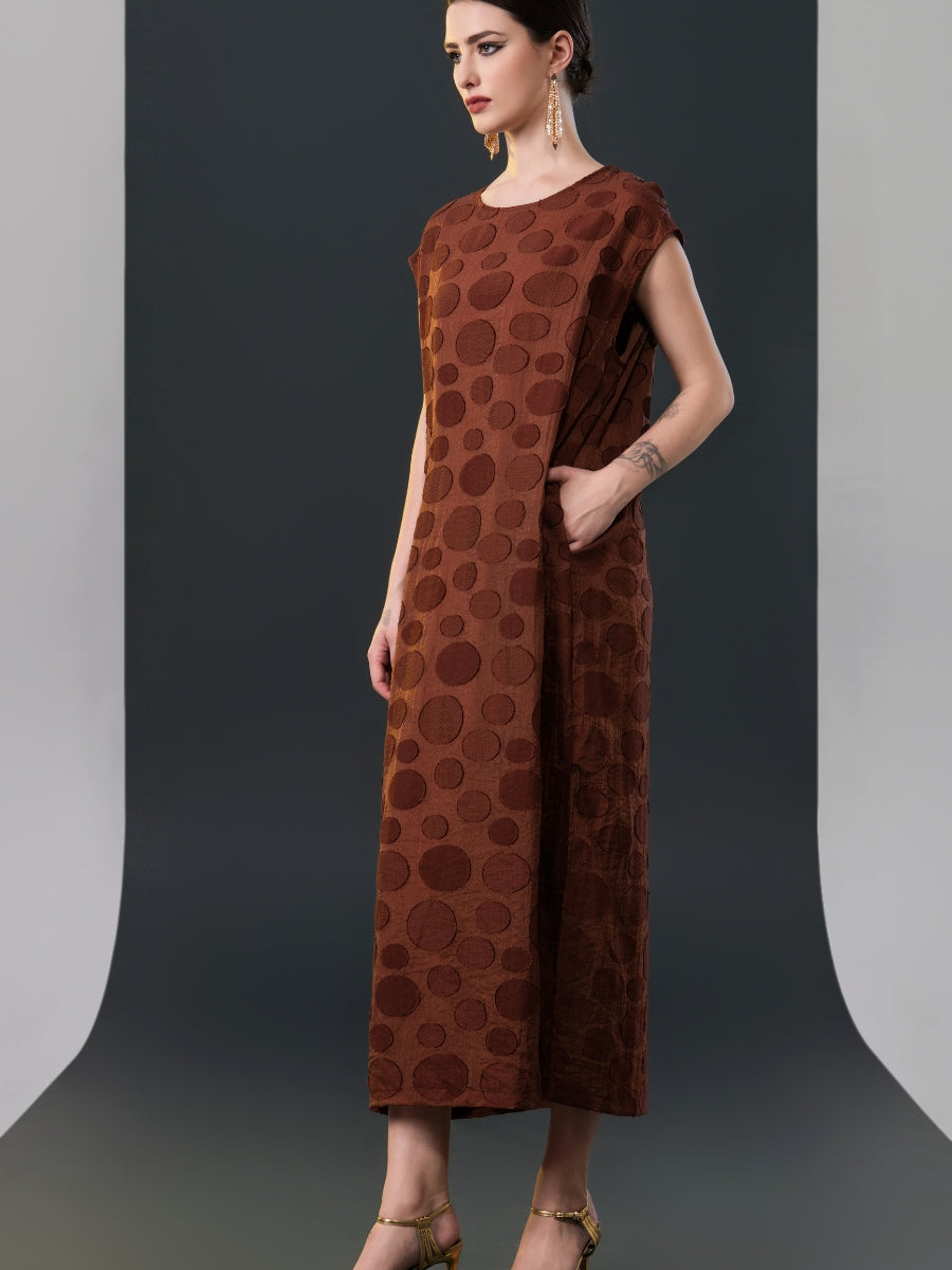 Chic Brown Sleeveless Maxi Dress with Polka Dot Texture