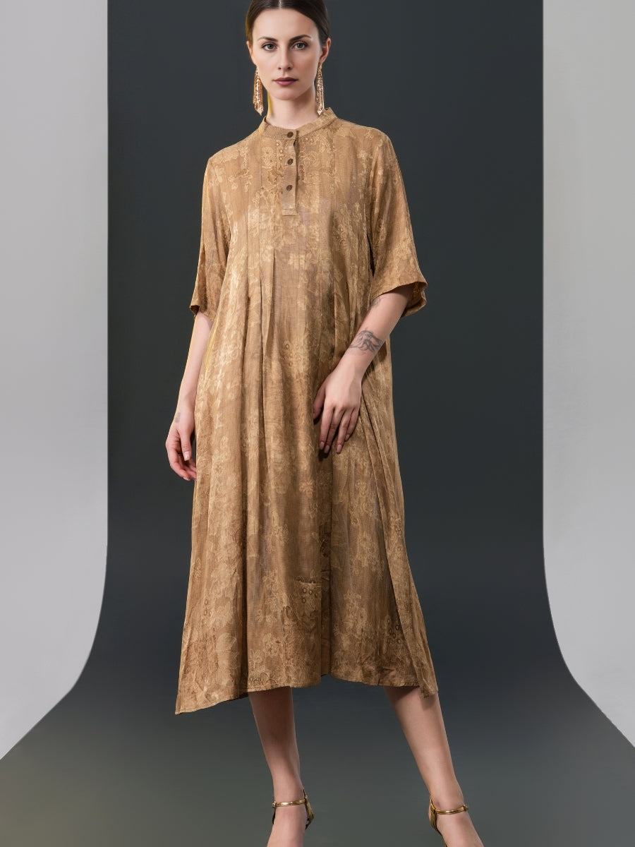 Golden High-Neck Button-Down Midi Dress