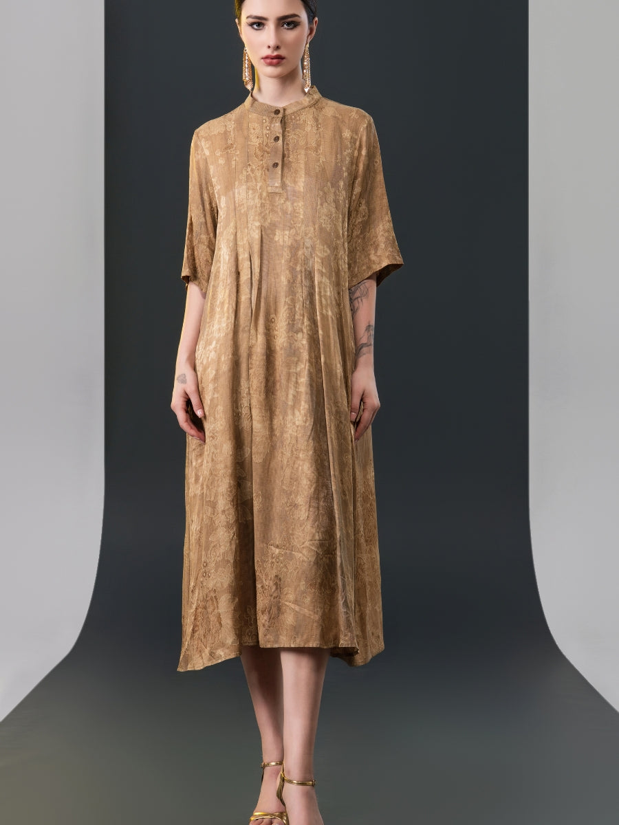 Golden High-Neck Button-Down Midi Dress