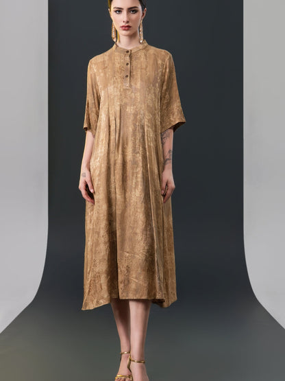 Golden High-Neck Button-Down Midi Dress