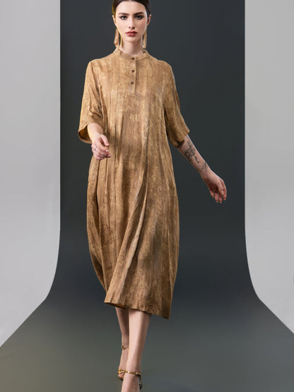 Golden High-Neck Button-Down Midi Dress