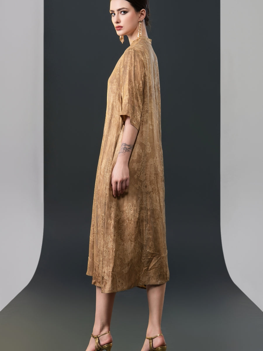 Golden High-Neck Button-Down Midi Dress