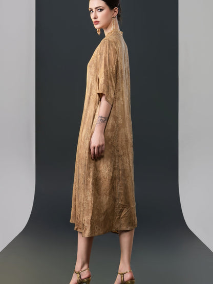 Golden High-Neck Button-Down Midi Dress