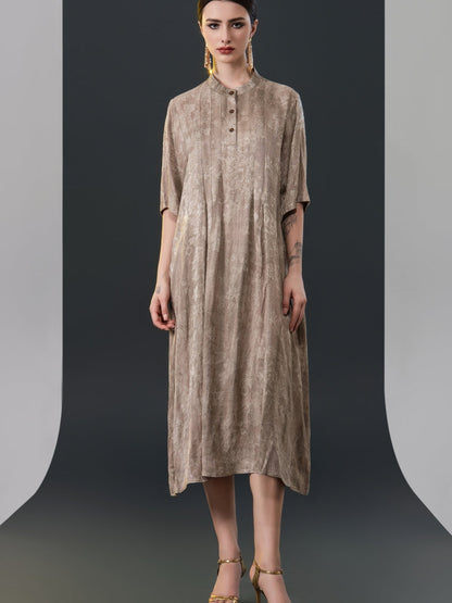 Golden High-Neck Button-Down Midi Dress