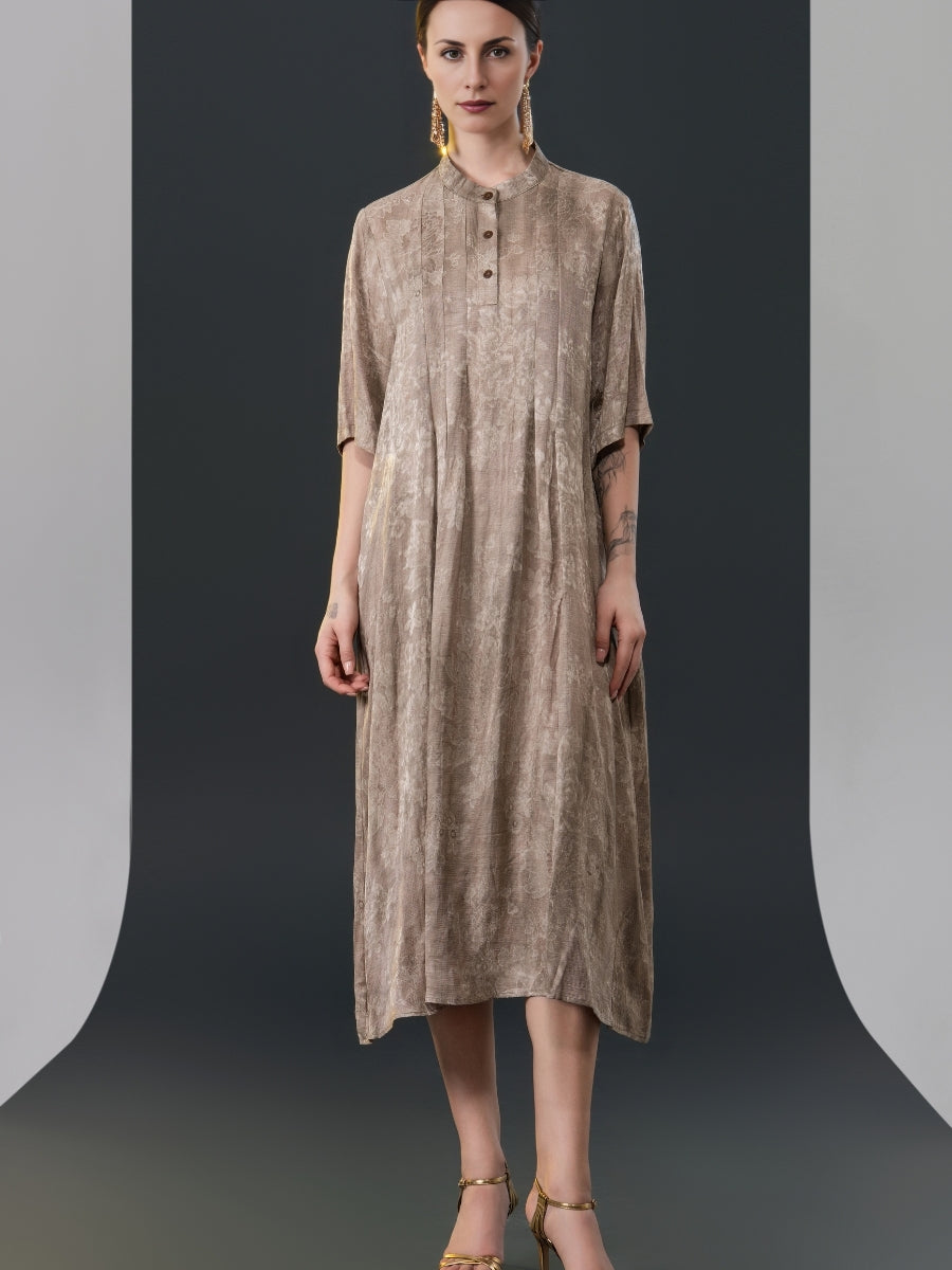 Golden High-Neck Button-Down Midi Dress