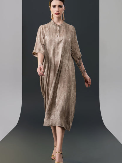 Golden High-Neck Button-Down Midi Dress