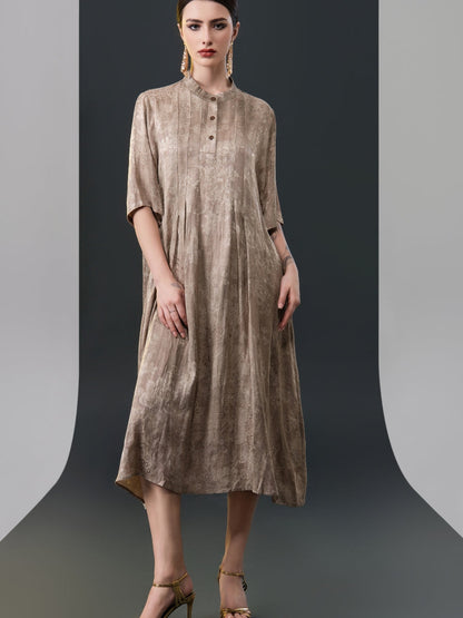 Golden High-Neck Button-Down Midi Dress