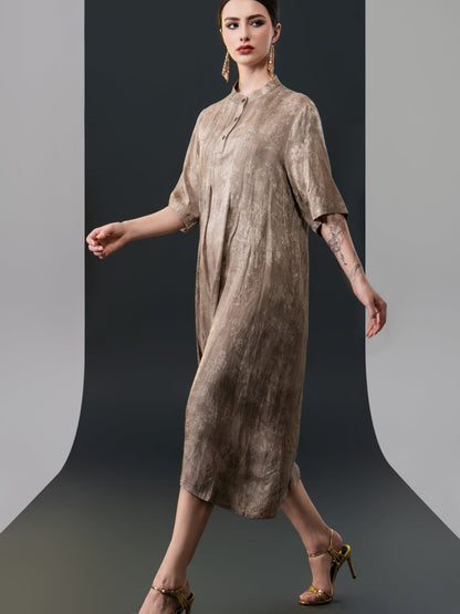 Golden High-Neck Button-Down Midi Dress