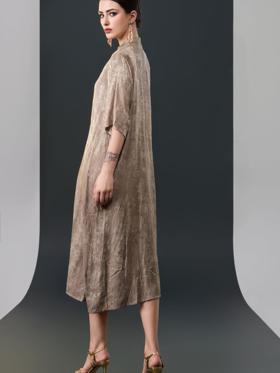 Golden High-Neck Button-Down Midi Dress