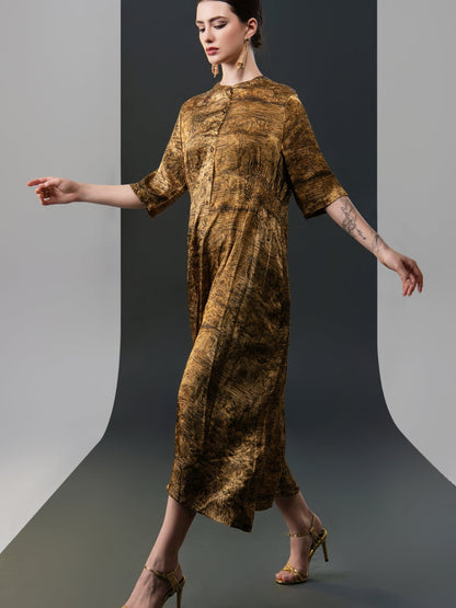 Antique Gold Button-Front Midi Dress