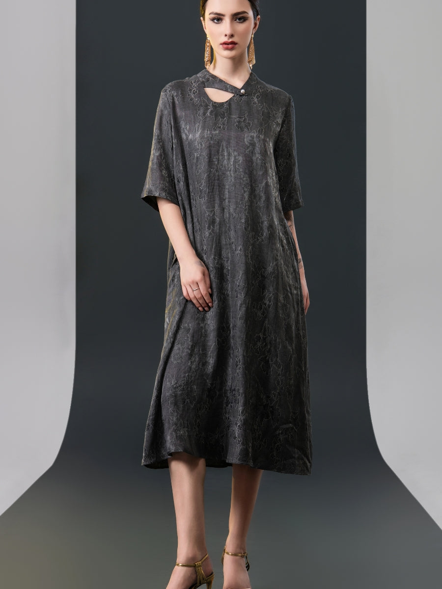 Beige Embroidered Keyhole Midi Dress