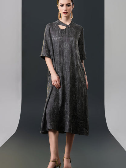 Beige Embroidered Keyhole Midi Dress