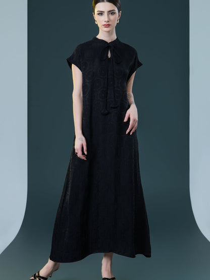 Elegant Black Cap-Sleeve Maxi Dress with Tie Neck