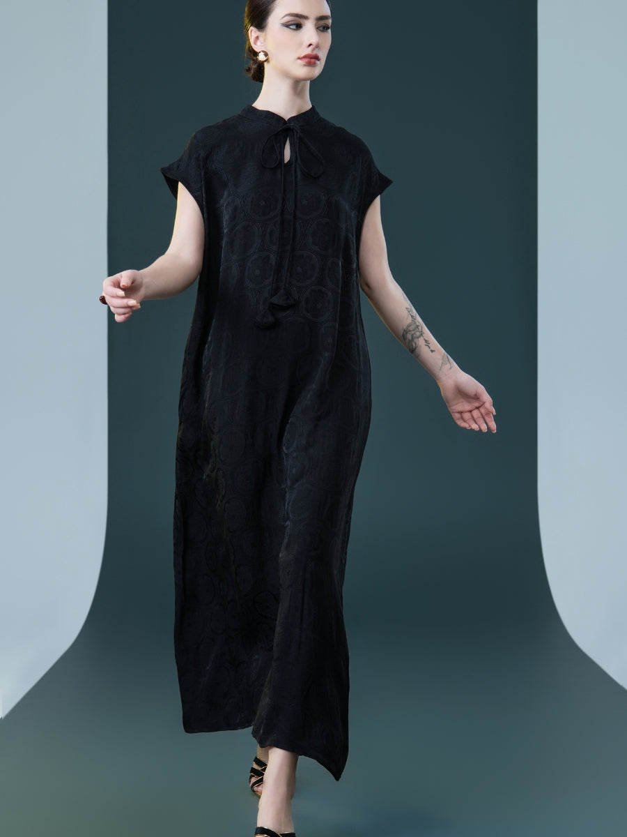 Elegant Black Cap-Sleeve Maxi Dress with Tie Neck