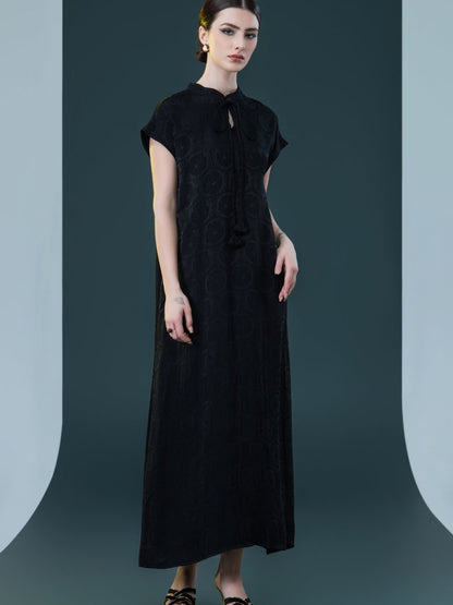 Elegant Black Cap-Sleeve Maxi Dress with Tie Neck