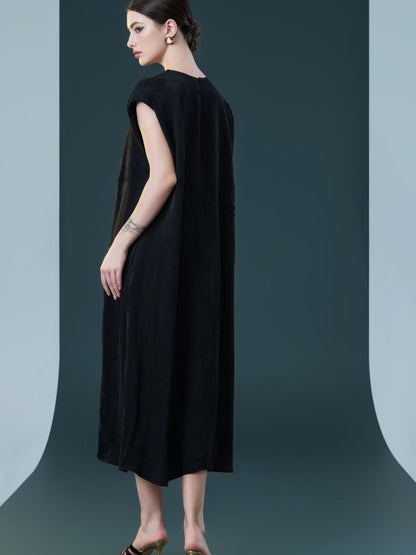 Elegant Black Cap-Sleeve Maxi Dress with Tie Neck