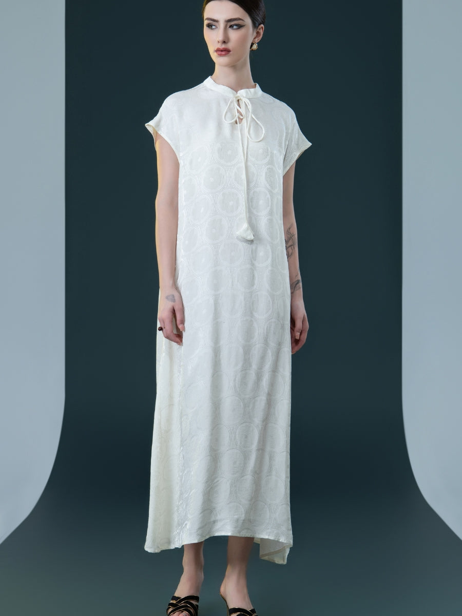 Elegant Black Cap-Sleeve Maxi Dress with Tie Neck