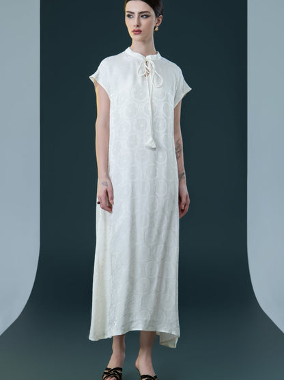 Elegant Black Cap-Sleeve Maxi Dress with Tie Neck