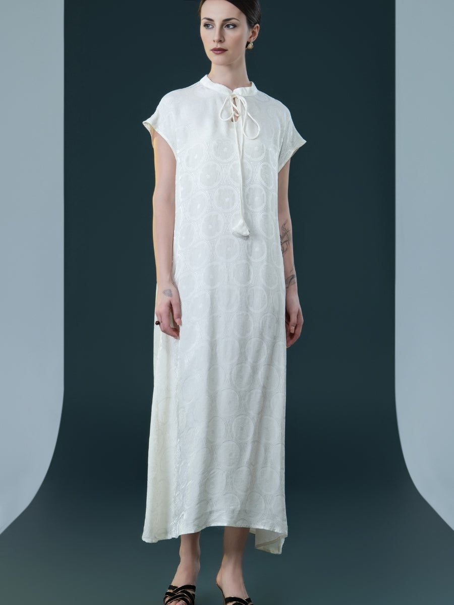 Elegant Black Cap-Sleeve Maxi Dress with Tie Neck