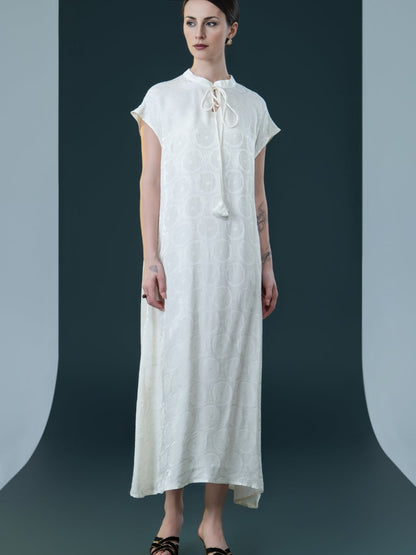 Elegant Black Cap-Sleeve Maxi Dress with Tie Neck