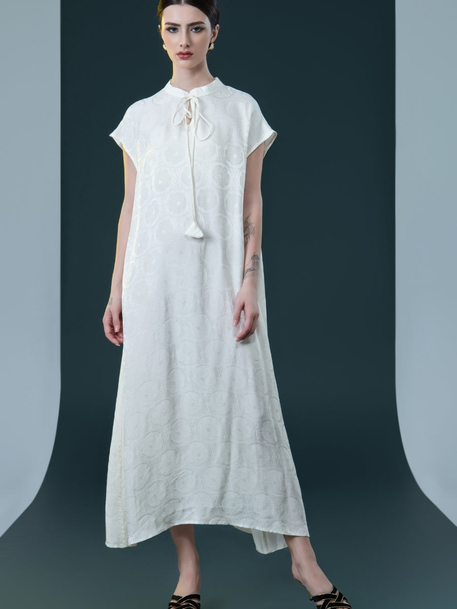 Elegant Black Cap-Sleeve Maxi Dress with Tie Neck