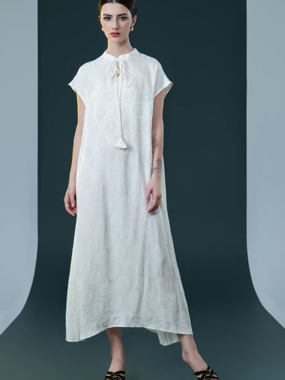 Elegant Black Cap-Sleeve Maxi Dress with Tie Neck