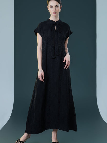 Elegant Black Cap-Sleeve Maxi Dress with Tie Neck