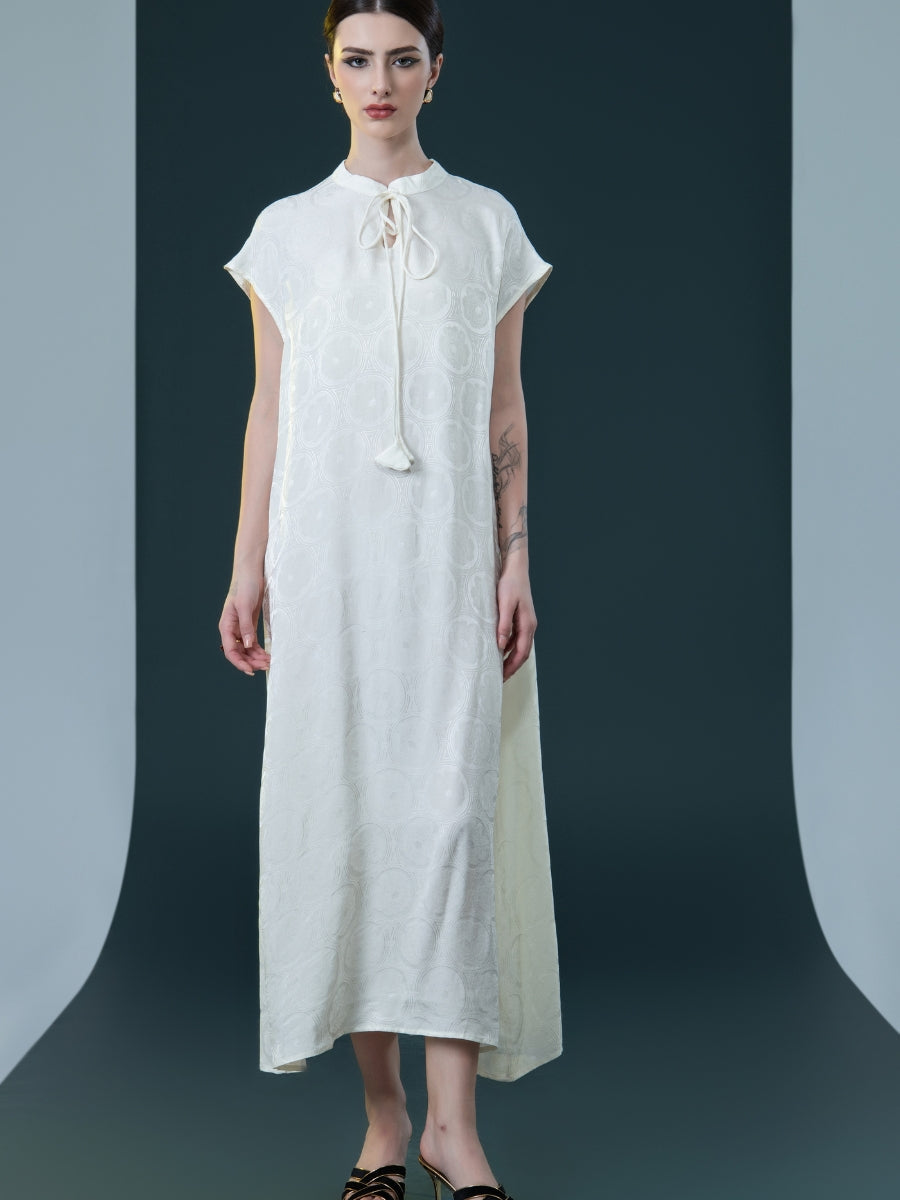 Elegant Black Cap-Sleeve Maxi Dress with Tie Neck