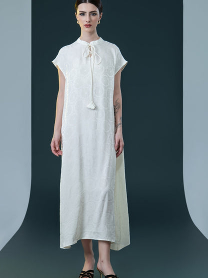 Elegant Black Cap-Sleeve Maxi Dress with Tie Neck