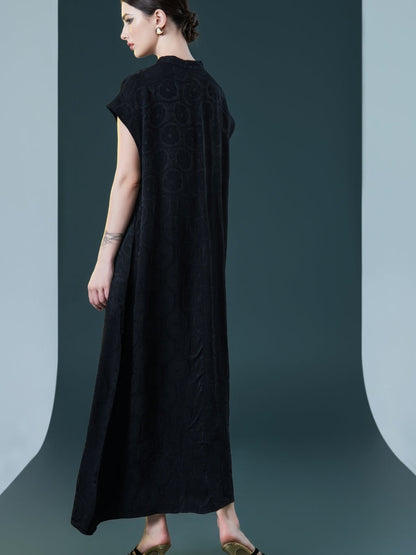 Elegant Black Cap-Sleeve Maxi Dress with Tie Neck