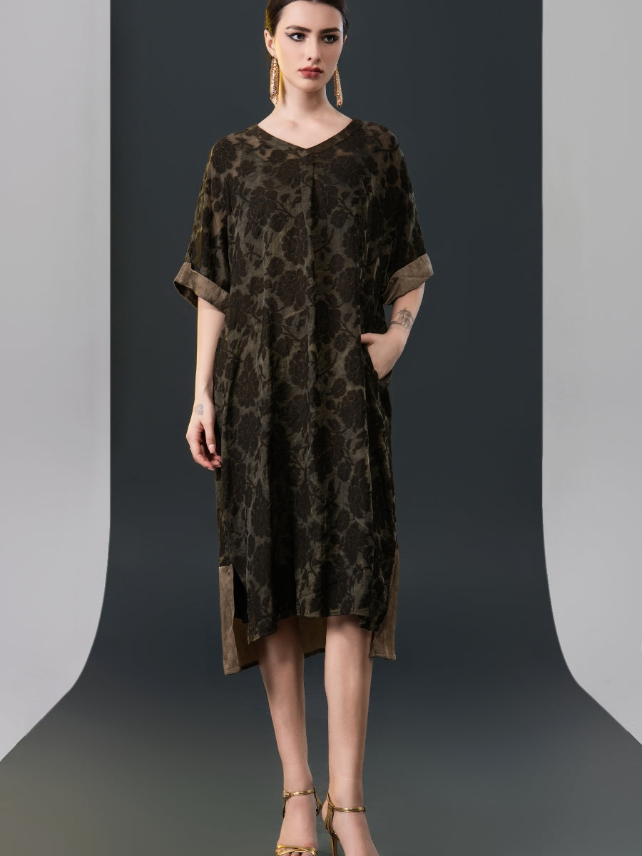 Olive Floral V-Neck Midi Dress