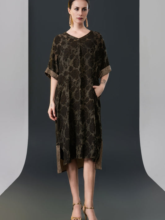 Olive Floral V-Neck Midi Dress