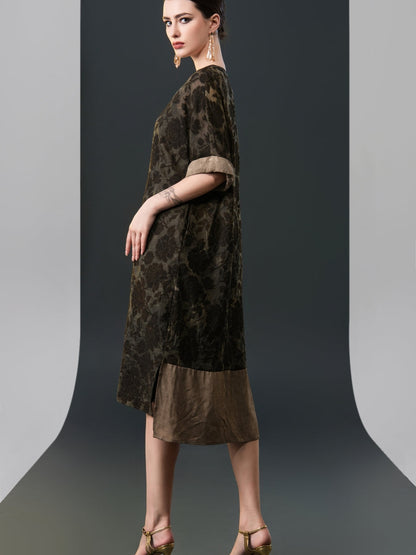 Olive Floral V-Neck Midi Dress