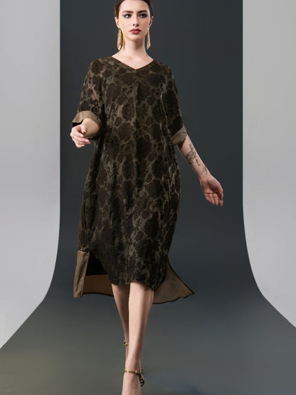 Olive Floral V-Neck Midi Dress