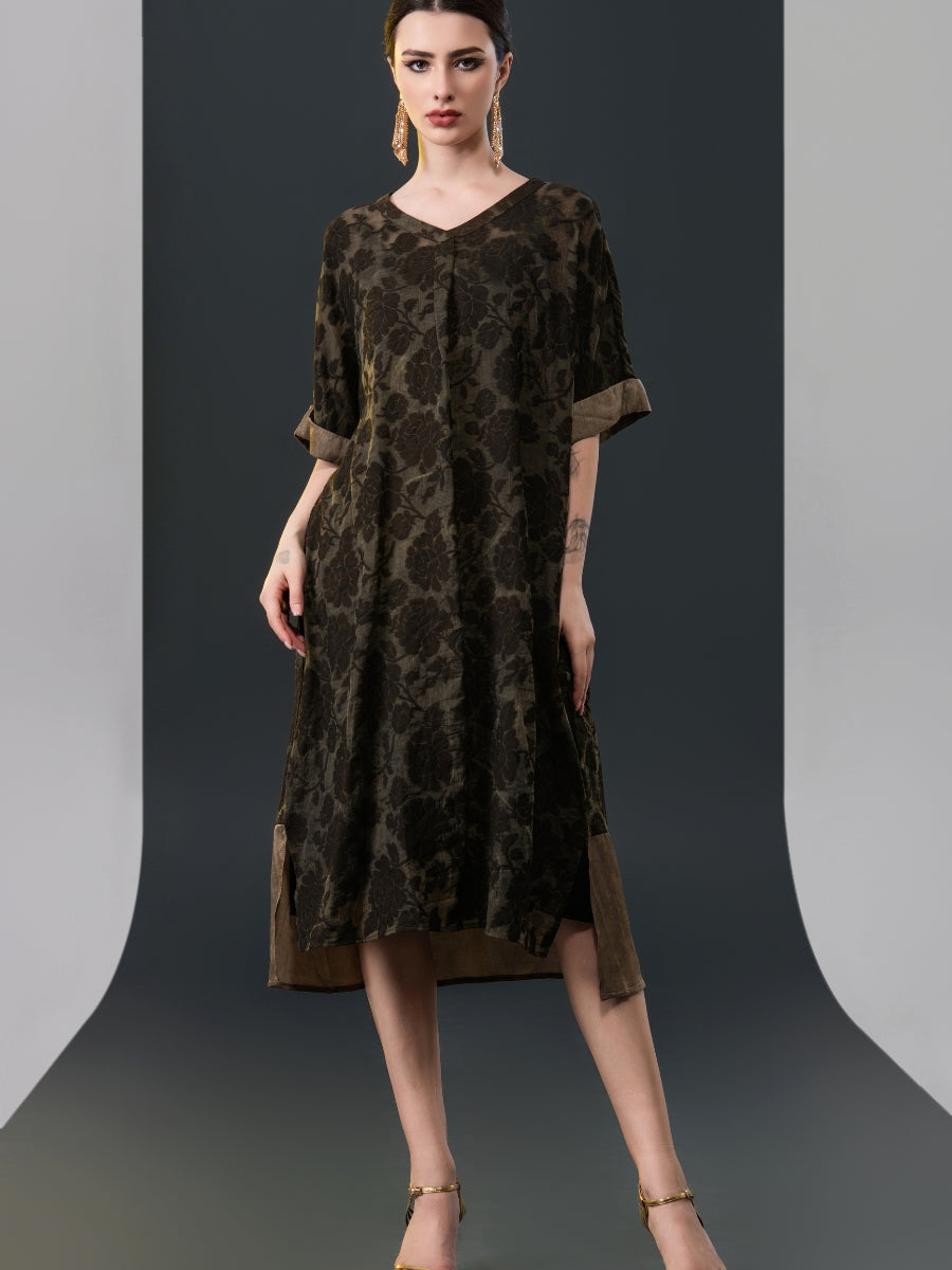 Olive Floral V-Neck Midi Dress