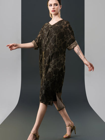 Olive Floral V-Neck Midi Dress