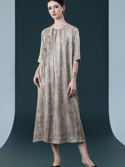 Beige Floral Midi Dress with Tie Detail