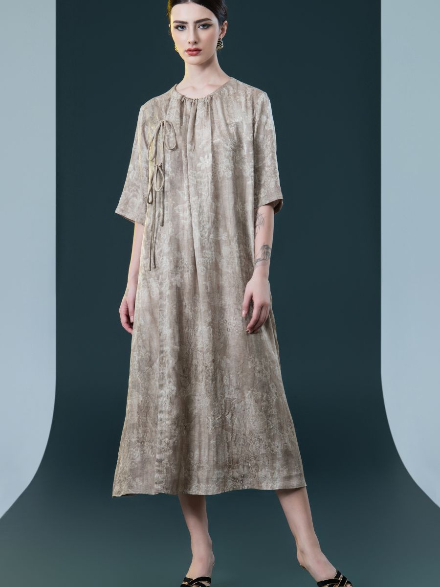 Beige Floral Midi Dress with Tie Detail