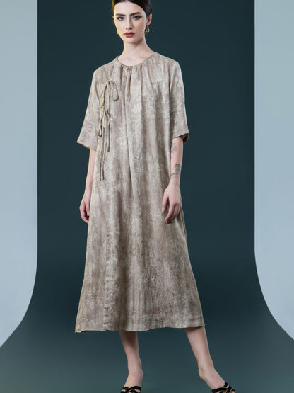 Beige Floral Midi Dress with Tie Detail