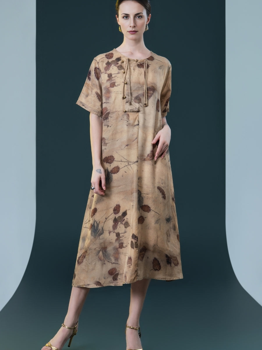 Natural Print Tie-Neck Midi Dress