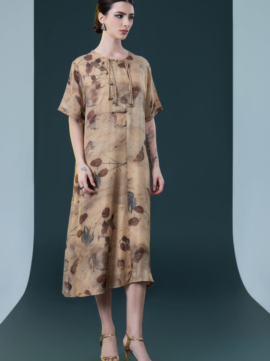 Natural Print Tie-Neck Midi Dress