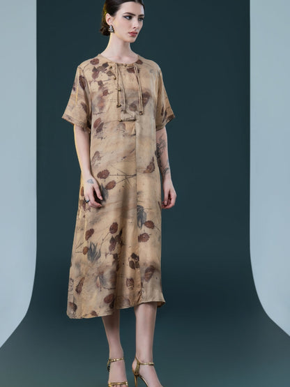 Natural Print Tie-Neck Midi Dress