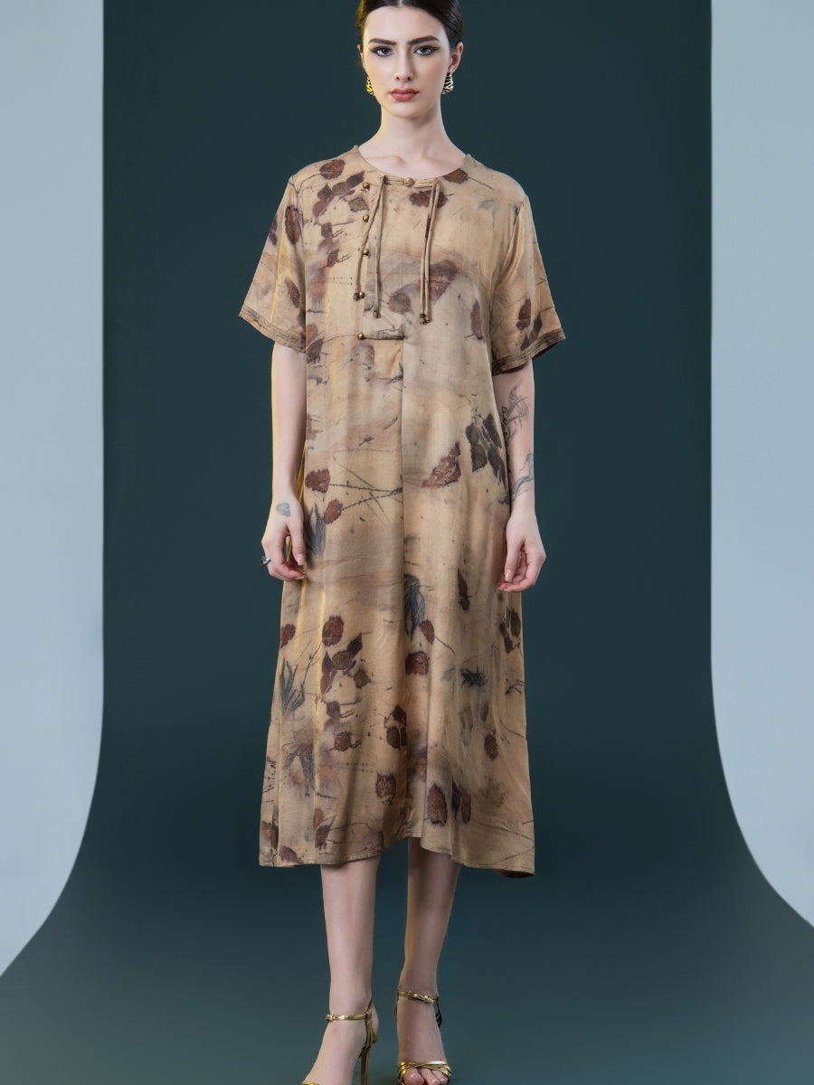 Natural Print Tie-Neck Midi Dress