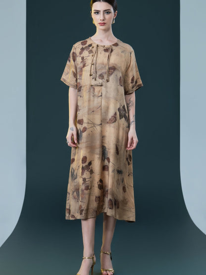 Natural Print Tie-Neck Midi Dress
