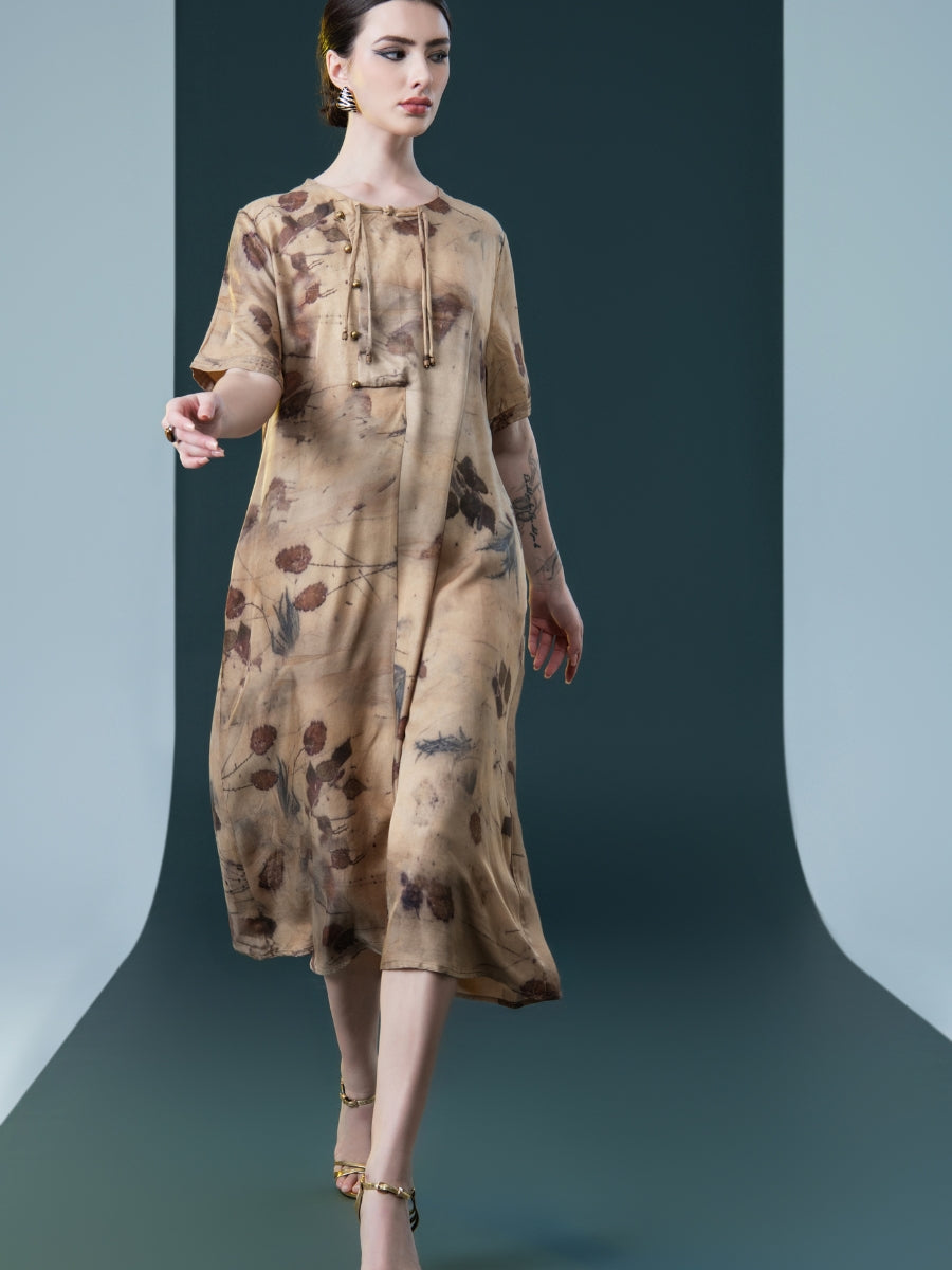Natural Print Tie-Neck Midi Dress