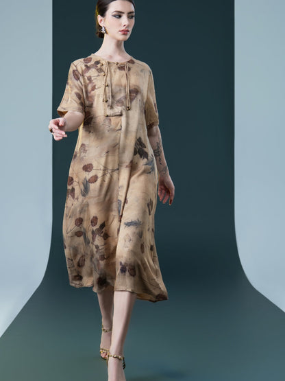 Natural Print Tie-Neck Midi Dress