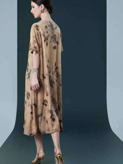 Natural Print Tie-Neck Midi Dress